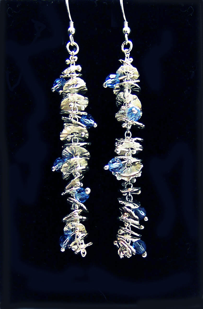 Silver Catkin Earrings with Blue Beadss